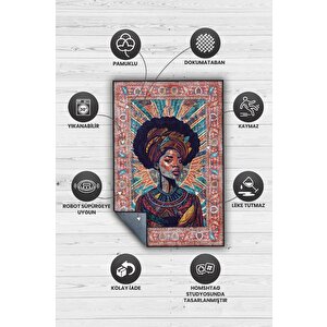 Homshtag Art Deko Vintage Afrikalı Kadın,renkli Dekoratif Etnik Halı,i̇nsan Figürlü Geleneksel Bordürlü Çok Renkli Halı