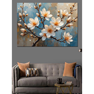 Beyaz Çiçekli Dal İllüstrasyonu Dekoratif Kanvas - Mdf Ahşap Tablo 70x100 cm