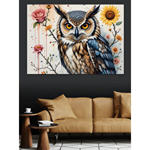 Çiçekli Bilge Baykuş Dekoratif Kanvas - Mdf Ahşap Tablo 35x50 cm