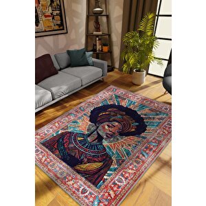 Art Deko Vintage Afrikalı Kadın,renkli Dekoratif Etnik Halı,i̇nsan Figürlü Geleneksel Bordürlü Çok Renkli Halı 120x180 cm
