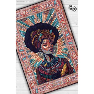 Art Deko Vintage Afrikalı Kadın,renkli Dekoratif Etnik Halı,i̇nsan Figürlü Geleneksel Bordürlü Çok Renkli Halı 120x180 cm
