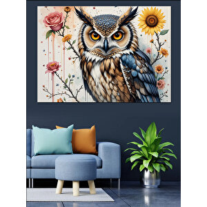 Çiçekli Bilge Baykuş Dekoratif Kanvas - Mdf Ahşap Tablo 70x100 cm