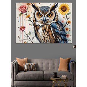 Çiçekli Bilge Baykuş Dekoratif Kanvas - Mdf Ahşap Tablo 70x100 cm