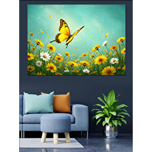 Çiçekler Arasında Sarı Kelebek Dekoratif Kanvas - Mdf Ahşap Tablo 100x140 cm