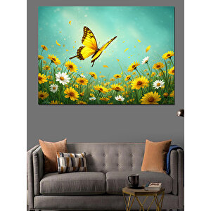 Çiçekler Arasında Sarı Kelebek Dekoratif Kanvas - Mdf Ahşap Tablo 100x140 cm