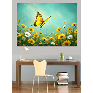 Çiçekler Arasında Sarı Kelebek Dekoratif Kanvas - Mdf Ahşap Tablo 100x140 cm