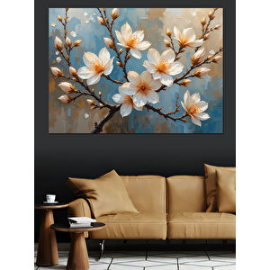 Beyaz Çiçekli Dal İllüstrasyonu Dekoratif Kanvas - Mdf Ahşap Tablo 50x70 cm