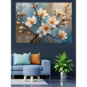 Beyaz Çiçekli Dal İllüstrasyonu Dekoratif Kanvas - Mdf Ahşap Tablo 50x70 cm