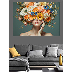 Çiçek Saçlı Kadın Portresi Dekoratif Kanvas - Mdf Ahşap Tablo 100x140 cm