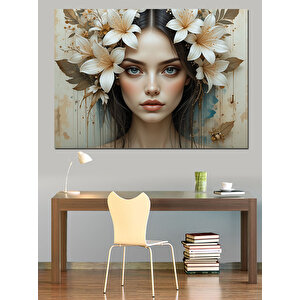 Çiçekli Tacı Olan Kadın Dekoratif Kanvas - Mdf Ahşap Tablo 100x140 cm