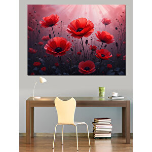 Kırmızı Gelincik Çiçeği Bahçesi Dekoratif Kanvas - Mdf Ahşap Tablo 50x70 cm