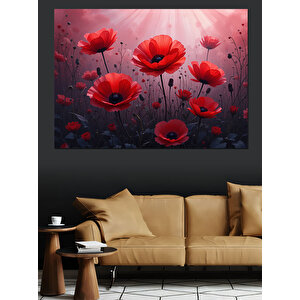Kırmızı Gelincik Çiçeği Bahçesi Dekoratif Kanvas - Mdf Ahşap Tablo 50x70 cm