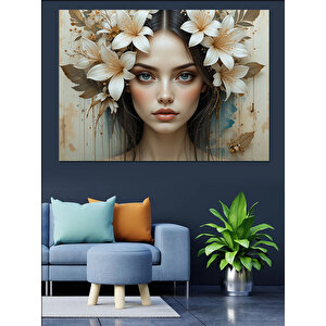 Çiçekli Tacı Olan Kadın Dekoratif Kanvas - Mdf Ahşap Tablo