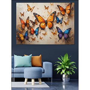 Uçuşan Turuncu Mavi Kelebekler Dekoratif Kanvas - Mdf Ahşap Tablo 70x100 cm