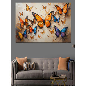 Uçuşan Turuncu Mavi Kelebekler Dekoratif Kanvas - Mdf Ahşap Tablo 70x100 cm