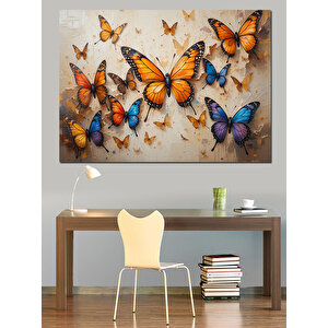 Uçuşan Turuncu Mavi Kelebekler Dekoratif Kanvas - Mdf Ahşap Tablo 70x100 cm