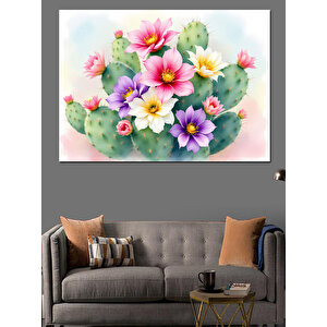 Kaktüs Üzerinde Çiçekler Dekoratif Kanvas - Mdf Ahşap Tablo 35x50 cm