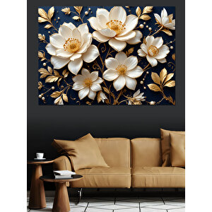 Altın Detaylı Beyaz Çiçekler Dekoratif Kanvas - Mdf Ahşap Tablo 100x140 cm