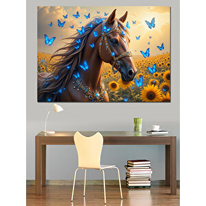 Mavi Kelebekli  At Dekoratif Kanvas - Mdf Ahşap Tablo 70x100 cm