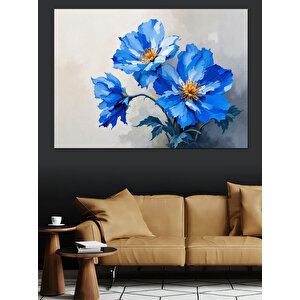 Beyaz Üzerinde Mavi Çiçekler Dekoratif Kanvas - Mdf Ahşap Tablo 50x70 cm