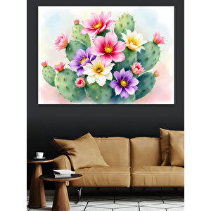 Kaktüs Üzerinde Çiçekler Dekoratif Kanvas - Mdf Ahşap Tablo 100x140 cm