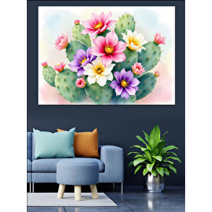 Kaktüs Üzerinde Çiçekler Dekoratif Kanvas - Mdf Ahşap Tablo 100x140 cm