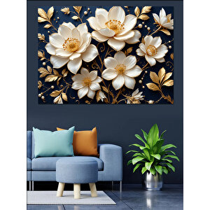 Altın Detaylı Beyaz Çiçekler Dekoratif Kanvas - Mdf Ahşap Tablo 50x70 cm