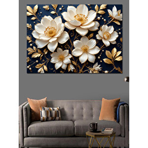 Altın Detaylı Beyaz Çiçekler Dekoratif Kanvas - Mdf Ahşap Tablo 50x70 cm