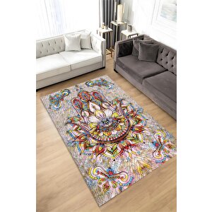 Fatmanın Eli Minimal Salon Halısı Etnik Desenli Halı Çok Renkli Oturma Odası Halısı 60x90 cm