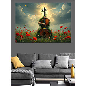 Doğada Keman Ve Çiçekler Dekoratif Kanvas - Mdf Ahşap Tablo 70x100 cm