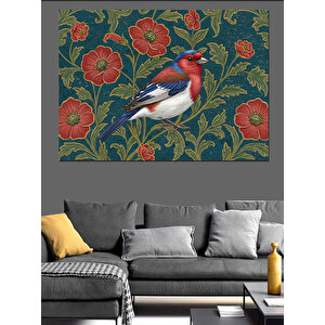 Kırmızı Çiçekli Kuş Dekoratif Kanvas - Mdf Ahşap Tablo 50x70 cm
