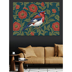 Kırmızı Çiçekli Kuş Dekoratif Kanvas - Mdf Ahşap Tablo 50x70 cm