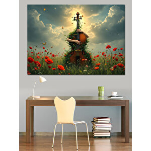 Doğada Keman Ve Çiçekler Dekoratif Kanvas - Mdf Ahşap Tablo 100x140 cm