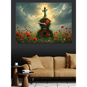 Doğada Keman Ve Çiçekler Dekoratif Kanvas - Mdf Ahşap Tablo 100x140 cm