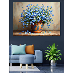 Mavi Çiçekler Dekoratif Kanvas - Mdf Ahşap Tablo 100x140 cm