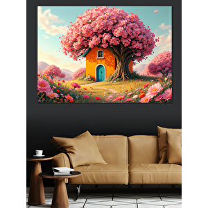 Pembe Çiçekli Ağaç Ev Dekoratif Kanvas - Mdf Ahşap Tablo 35x50 cm
