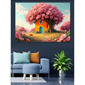 Pembe Çiçekli Ağaç Ev Dekoratif Kanvas - Mdf Ahşap Tablo 35x50 cm