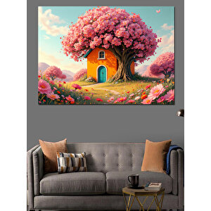 Pembe Çiçekli Ağaç Ev Dekoratif Kanvas - Mdf Ahşap Tablo 35x50 cm