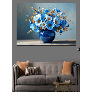 Mavi Vazoda Çiçekler Dekoratif Kanvas - Mdf Ahşap Tablo 100x140 cm