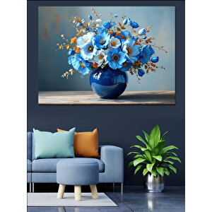 Mavi Vazoda Çiçekler Dekoratif Kanvas - Mdf Ahşap Tablo 70x100 cm