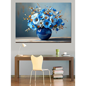 Mavi Vazoda Çiçekler Dekoratif Kanvas - Mdf Ahşap Tablo 70x100 cm