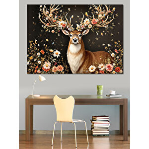 Çiçekli Geyik Fantastik Sanat Dekoratif Kanvas - Mdf Ahşap Tablo 70x100 cm