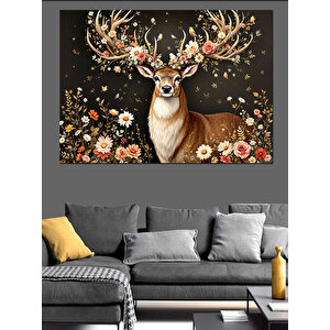 Çiçekli Geyik Fantastik Sanat Dekoratif Kanvas - Mdf Ahşap Tablo 70x100 cm