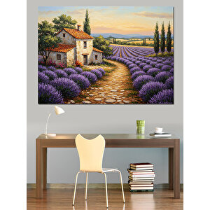 Lavanta Bahçesi Taş Ev Dekoratif Kanvas - Mdf Ahşap Tablo 35x50 cm