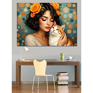 Çiçekli Kadın Ve Kedi Dekoratif Kanvas - Mdf Ahşap Tablo 70x100 cm