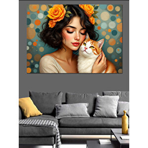 Çiçekli Kadın Ve Kedi Dekoratif Kanvas - Mdf Ahşap Tablo 70x100 cm