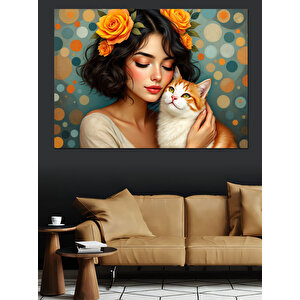 Çiçekli Kadın Ve Kedi Dekoratif Kanvas - Mdf Ahşap Tablo 70x100 cm