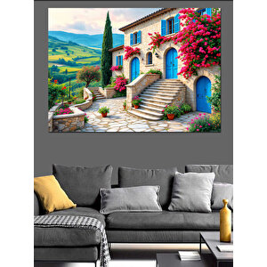 Çiçeklerle Kaplı Mavi Ev Dekoratif Kanvas - Mdf Ahşap Tablo 100x140 cm