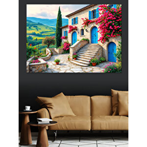 Çiçeklerle Kaplı Mavi Ev Dekoratif Kanvas - Mdf Ahşap Tablo 100x140 cm