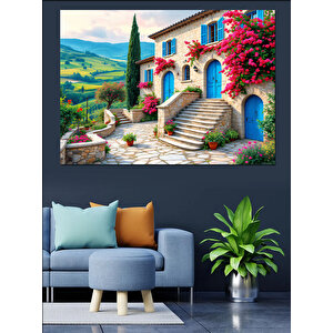 Çiçeklerle Kaplı Mavi Ev Dekoratif Kanvas - Mdf Ahşap Tablo 100x140 cm